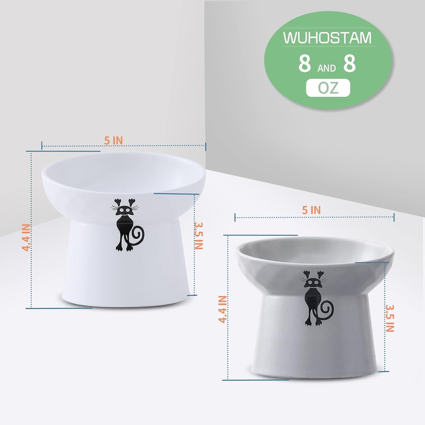 Elevated Slanted Cat Feeder Bowls Set - Ceramic Pet Bowls for Healthy Eating, Protects Spine & Prevents Backflow, 2 Pack (White & Grey)