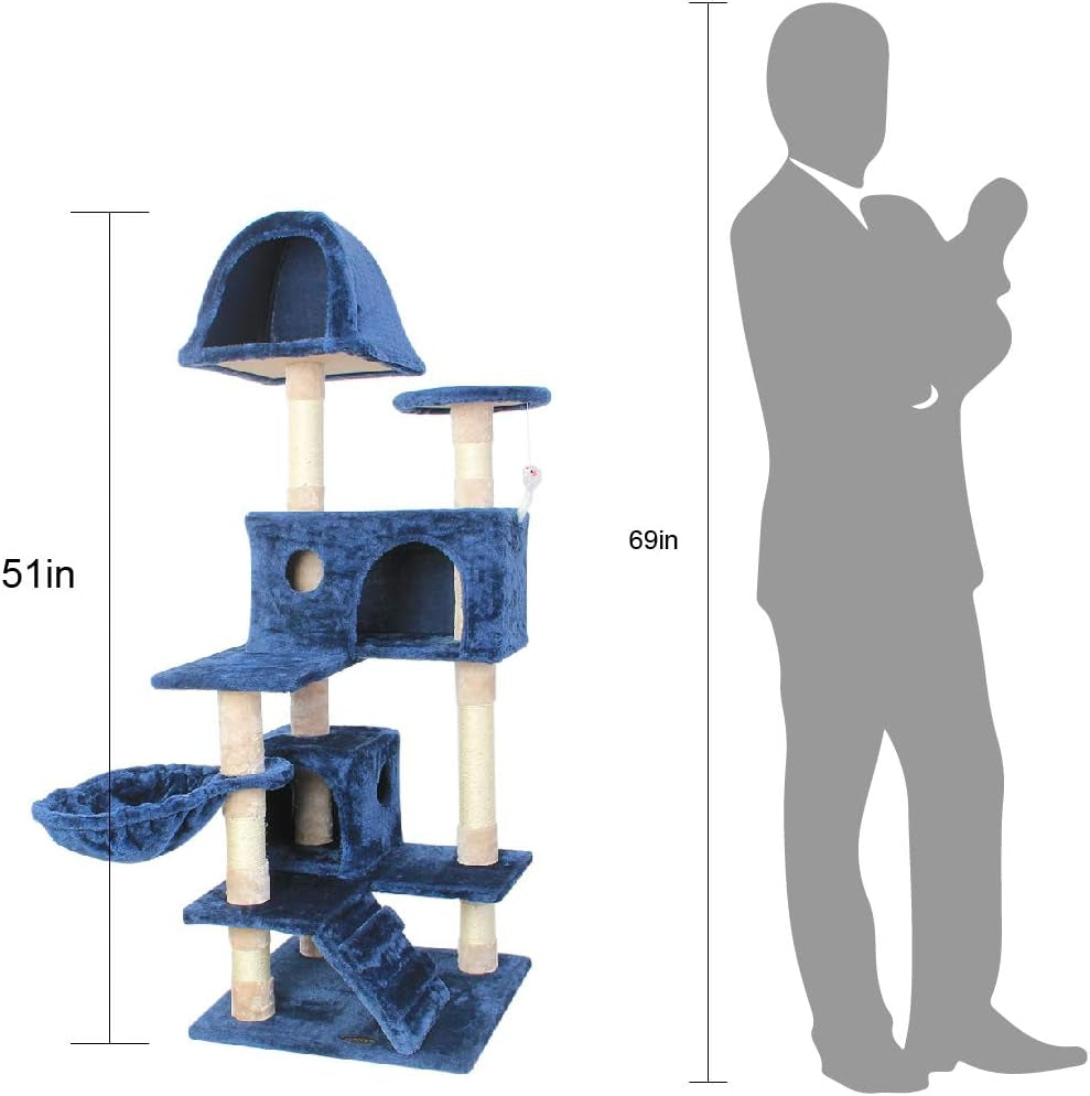 51-Inch Multi-Level Cat Tree with Sisal Scratching Posts - Cozy Flannelette Pet Condo for Cats and Kittens in Blue
