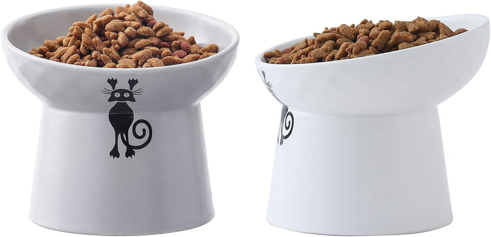 Elevated Slanted Cat Feeder Bowls Set - Ceramic Pet Bowls for Healthy Eating, Protects Spine & Prevents Backflow, 2 Pack (White & Grey)