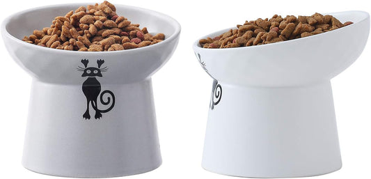 Elevated Slanted Cat Feeder Bowls Set - Ceramic Pet Bowls for Healthy Eating, Protects Spine & Prevents Backflow, 2 Pack (White & Grey)