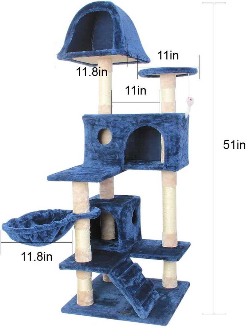 51-Inch Multi-Level Cat Tree with Sisal Scratching Posts - Cozy Flannelette Pet Condo for Cats and Kittens in Blue