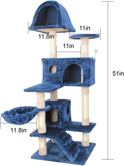 51-Inch Multi-Level Cat Tree with Sisal Scratching Posts - Cozy Flannelette Pet Condo for Cats and Kittens in Blue
