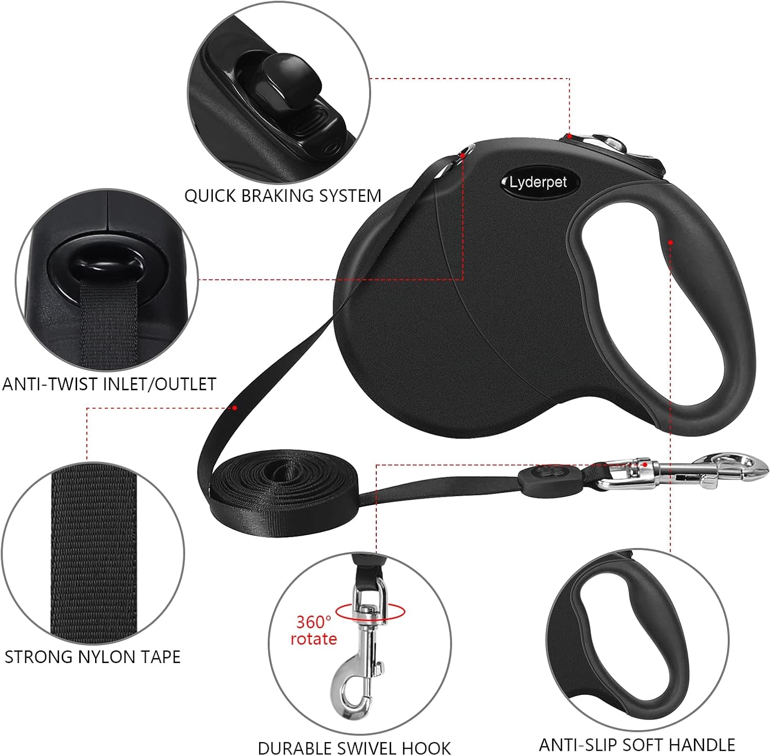 Dog Leash Retractable for Medium/Small Dogs, All Black Retractable Leash Lightweight for Walking Dog, Easy to Lock and Hold