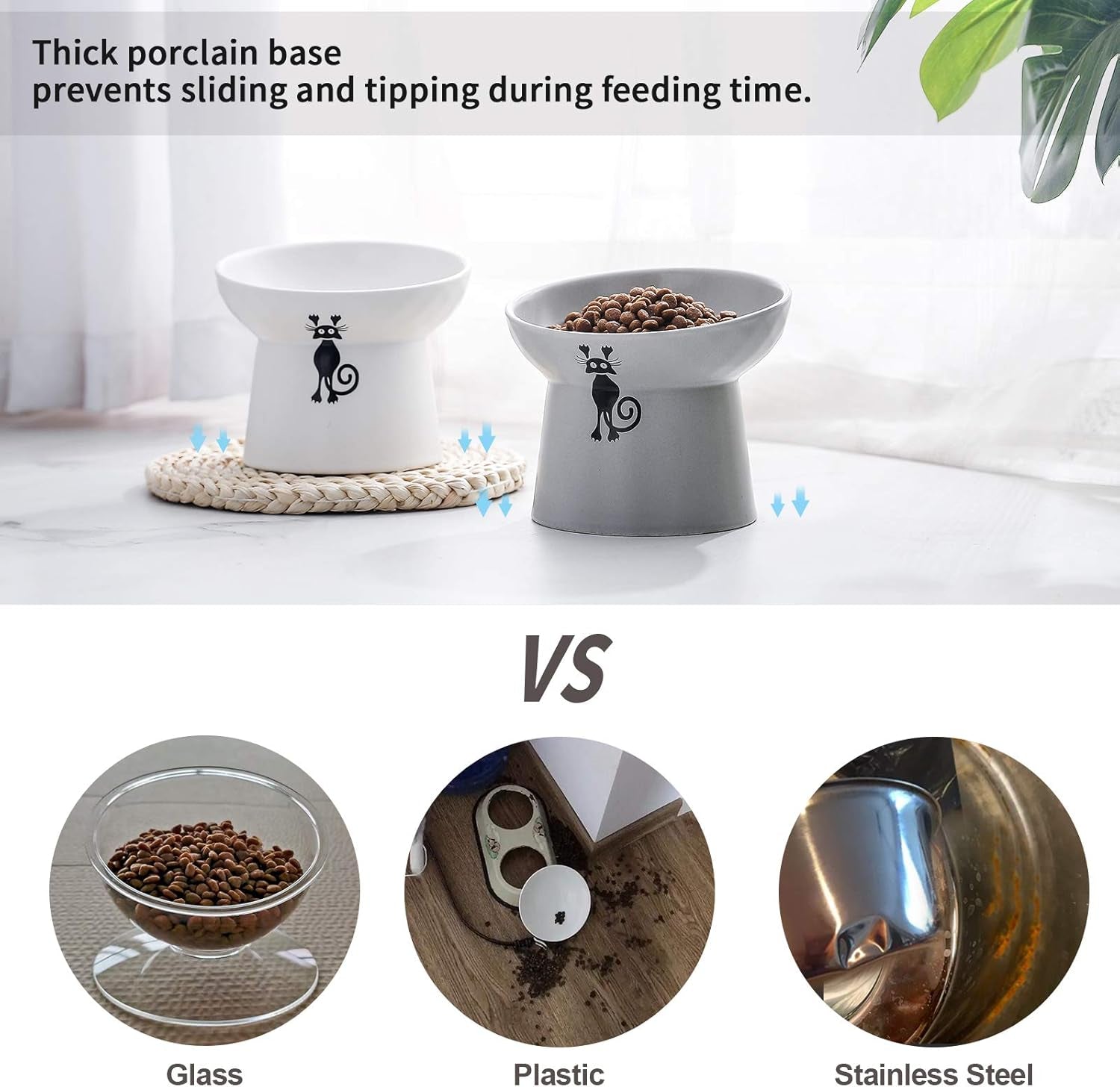 Elevated Slanted Cat Feeder Bowls Set - Ceramic Pet Bowls for Healthy Eating, Protects Spine & Prevents Backflow, 2 Pack (White & Grey)