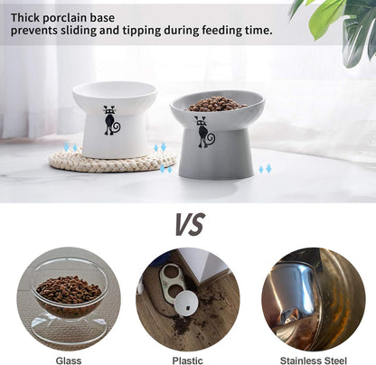 Elevated Slanted Cat Feeder Bowls Set - Ceramic Pet Bowls for Healthy Eating, Protects Spine & Prevents Backflow, 2 Pack (White & Grey)