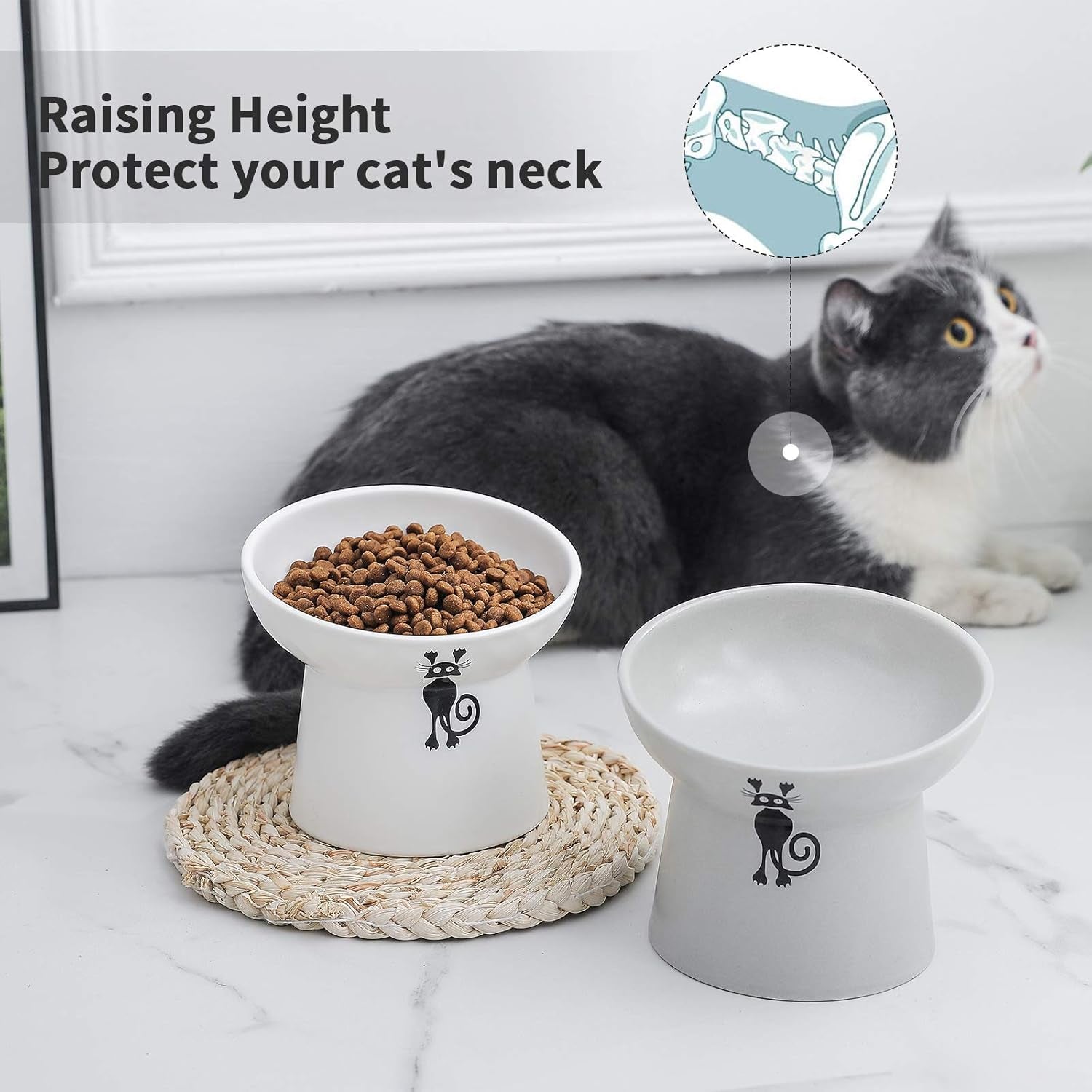 Elevated Slanted Cat Feeder Bowls Set - Ceramic Pet Bowls for Healthy Eating, Protects Spine & Prevents Backflow, 2 Pack (White & Grey)