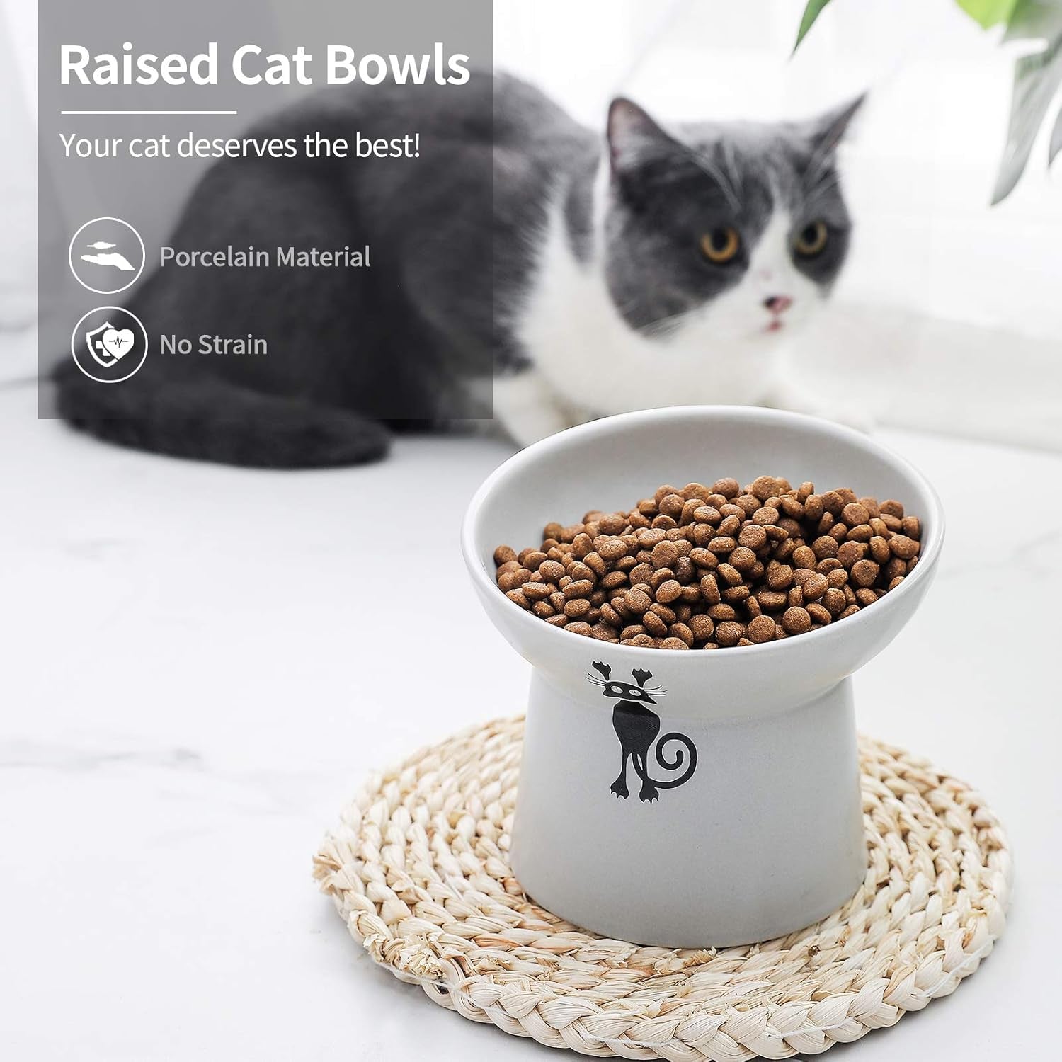 Elevated Slanted Cat Feeder Bowls Set - Ceramic Pet Bowls for Healthy Eating, Protects Spine & Prevents Backflow, 2 Pack (White & Grey)