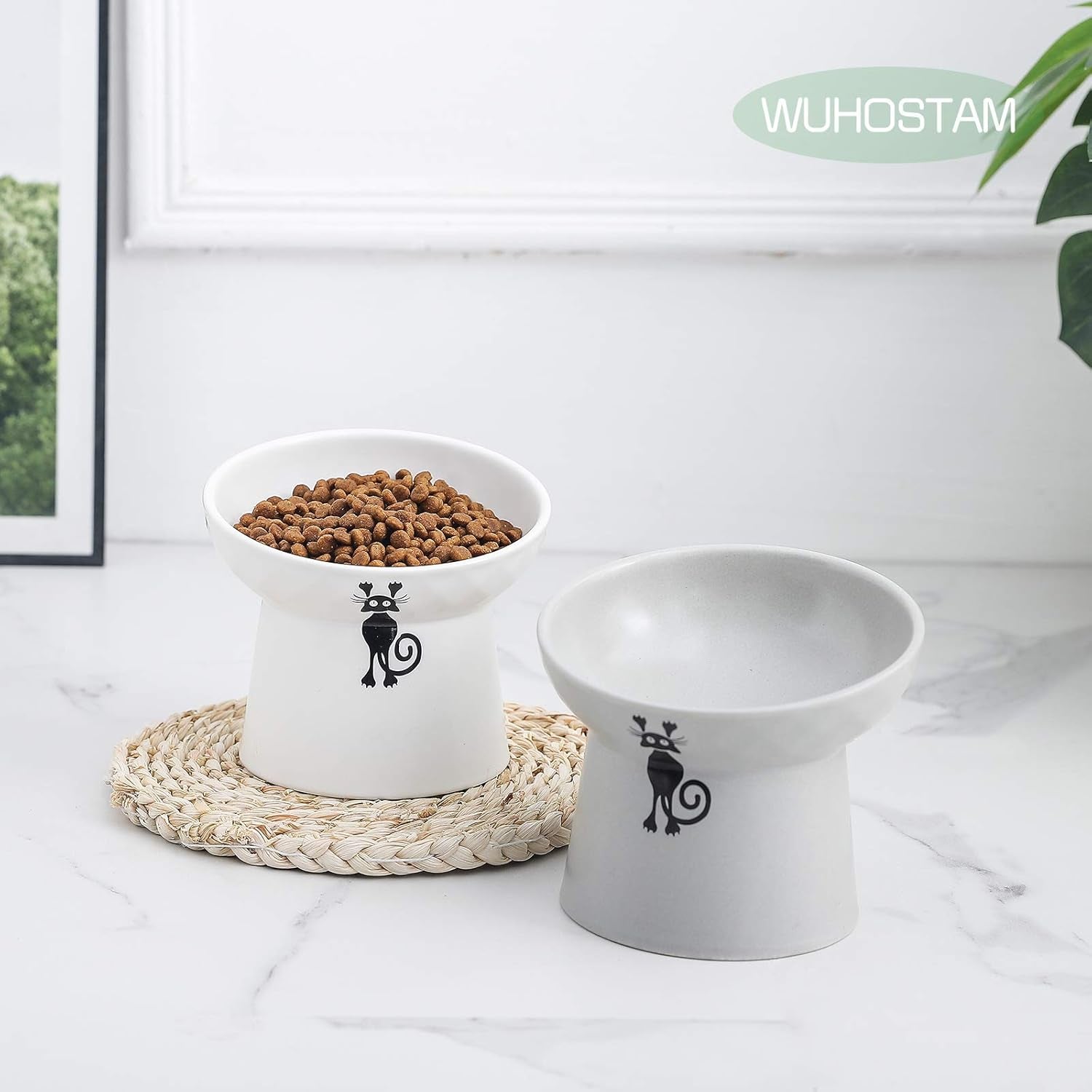 Elevated Slanted Cat Feeder Bowls Set - Ceramic Pet Bowls for Healthy Eating, Protects Spine & Prevents Backflow, 2 Pack (White & Grey)